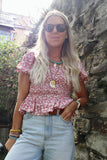 Pink floral shirred blouse