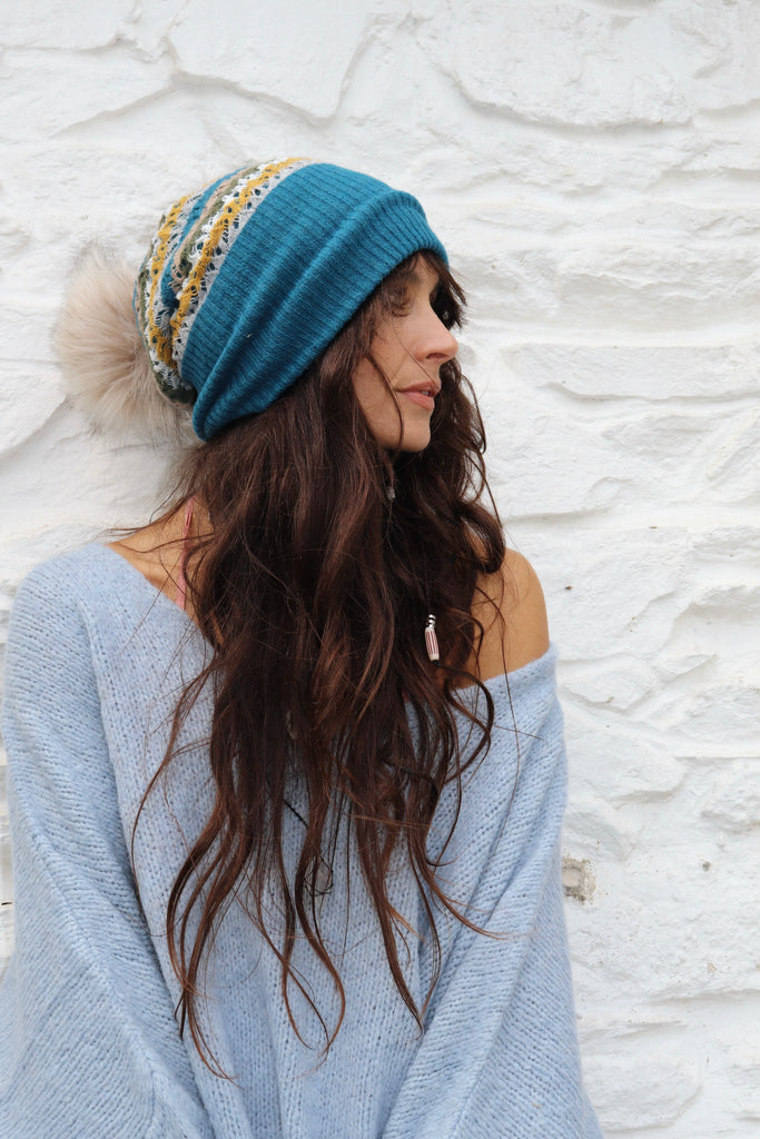 Pom pom stripe knit beanie (Teal and mustard)