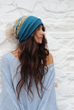Pom pom stripe knit beanie (Teal and mustard)