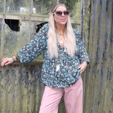Blue floral peasant blouse