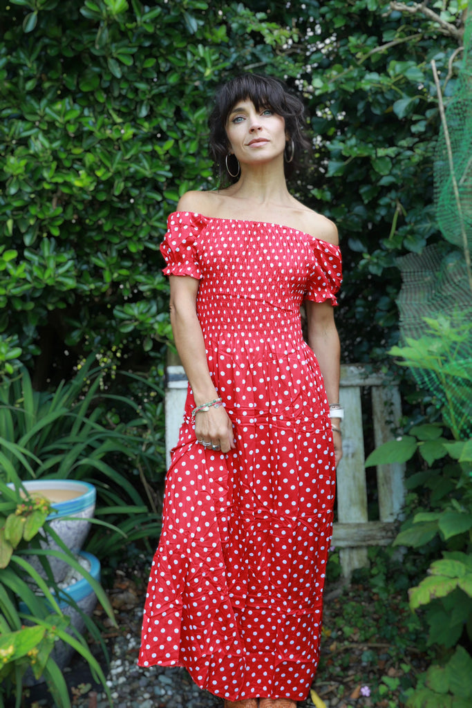 bardot red polka dot dress Bardot Polka Dot Shirred Waist Longline Dress Amy's Cart