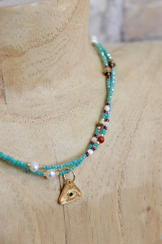 Layered beaded necklace with third eye (Gold)