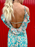 Turquoise and peach silk floral dress