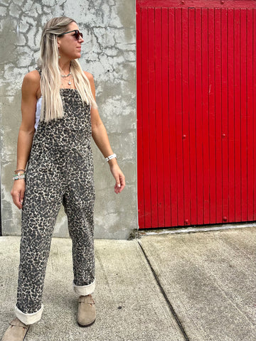 Leopard print cord dungarees