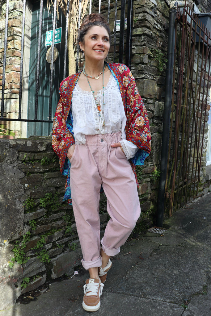 Paper bag waist cord trousers (Pink)