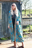 Blue floral long silky kimono