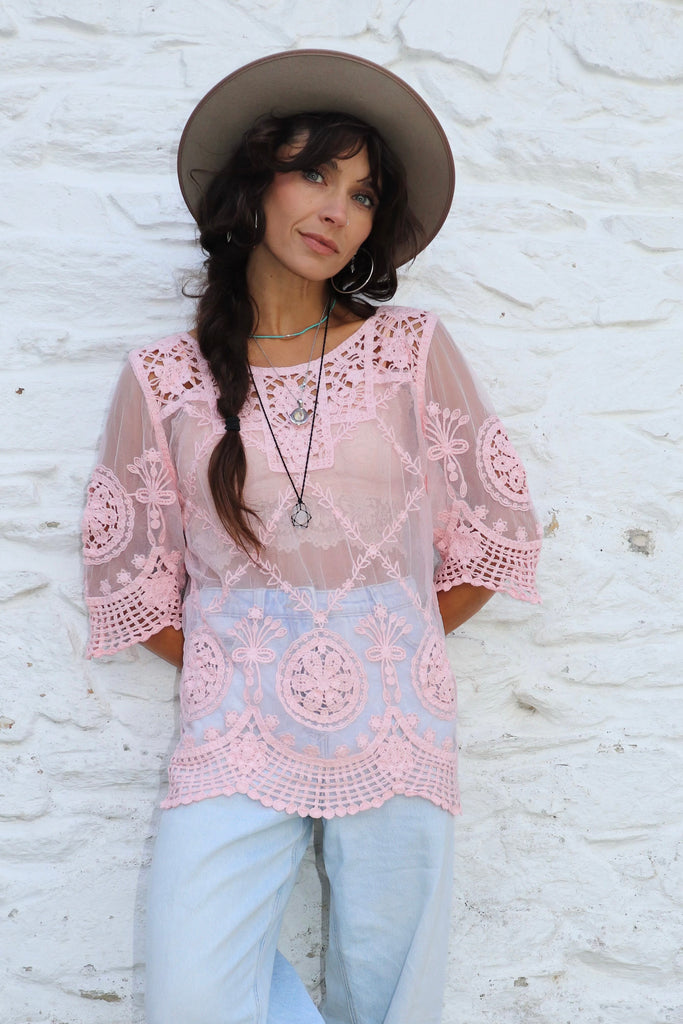 Pink mesh crochet top