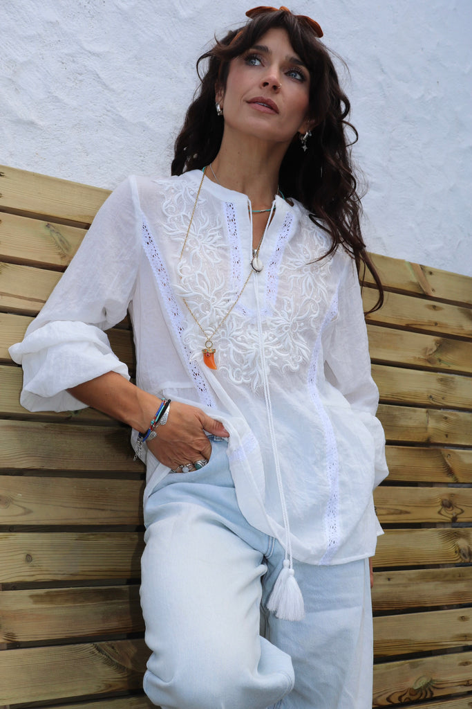White beaded peasant blouse
