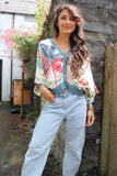 Teal floral silky blouse