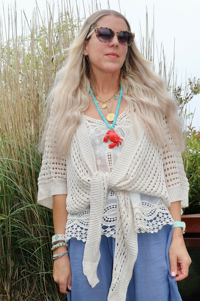 Beige open knit wrap cardigan