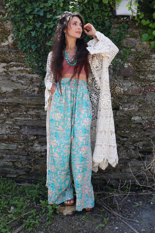 Aqua floral silk trousers