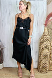 Asymmetrical lace trim long dress (Black)