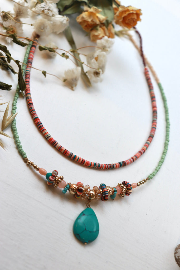 Turquoise stone layered beaded necklace