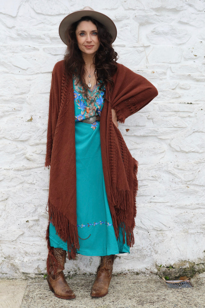 Earth toned fringe knit kimono