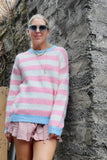 Pink stripe jumper with blue trim