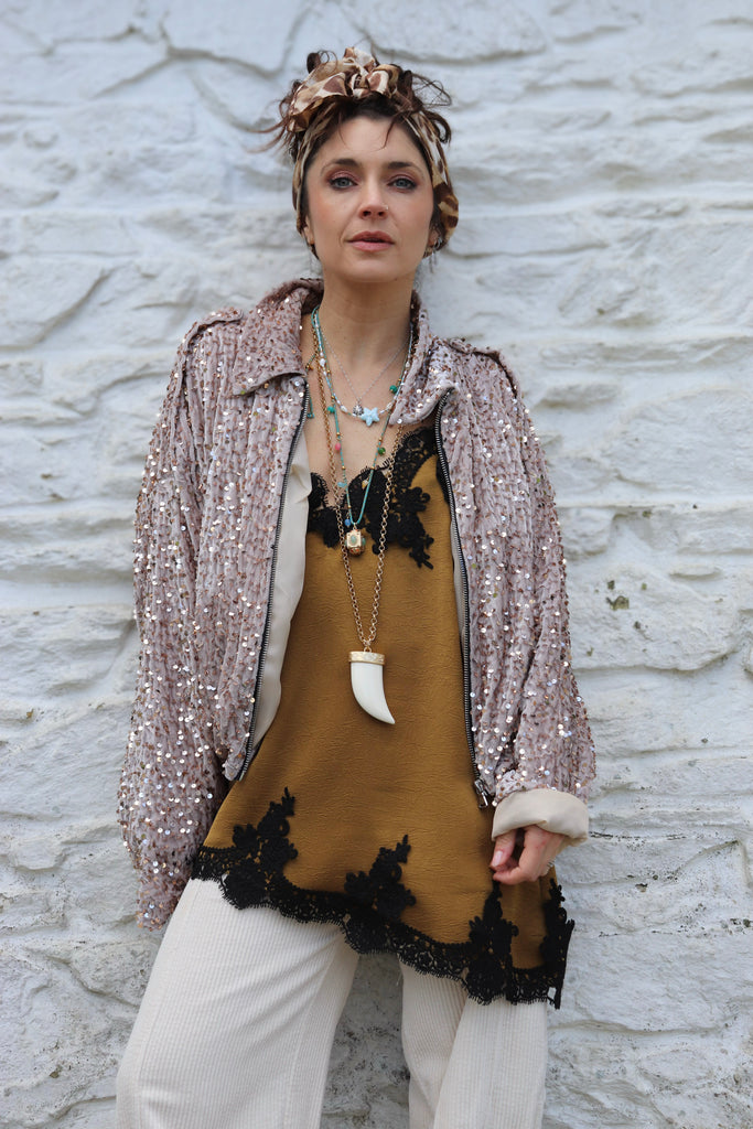 Velvet and sequin embellished bomber jacket