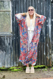 Red and teal long silky floral kimono