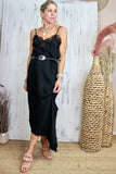 Asymmetrical lace trim long dress (Black)