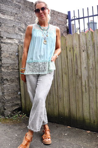 Lace end light blue tank top