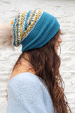 Pom pom stripe knit beanie (Teal and mustard)