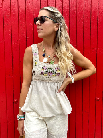 Floral embroidered crochet top