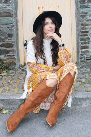 Faux Suede western knee high boots (Brown)