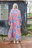 Red and teal long silky floral kimono