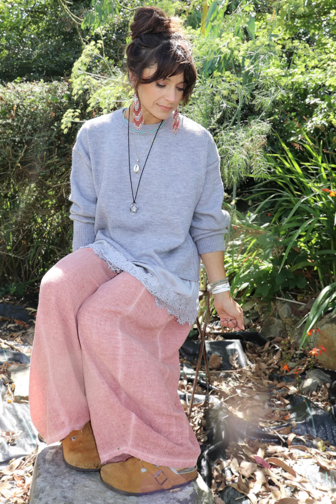 Silky lace trim jumper (Grey)