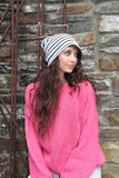 White and black striped beanie