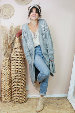 Embellished long grey cardigan