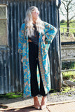 Blue floral long silky kimono