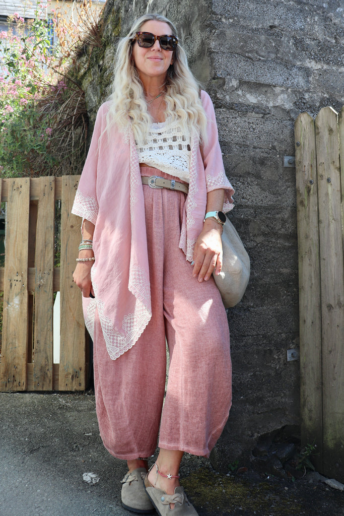Crochet embellished kimono (Pink)
