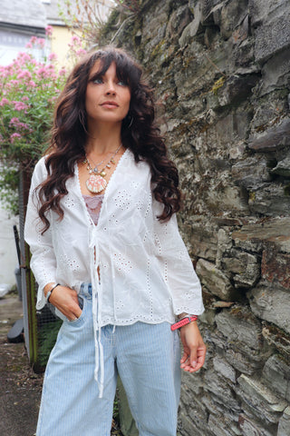 White embroidered tie front blouse