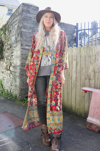 Long red floral kimono