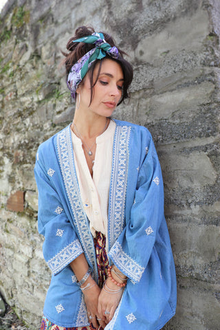 Diamond embroidered denim kimono