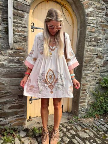 Floral embroidered tea dress