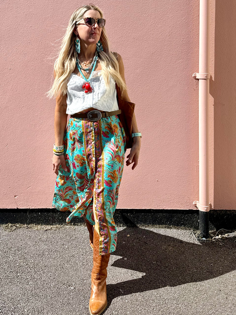 Peach and turquoise floral skirt