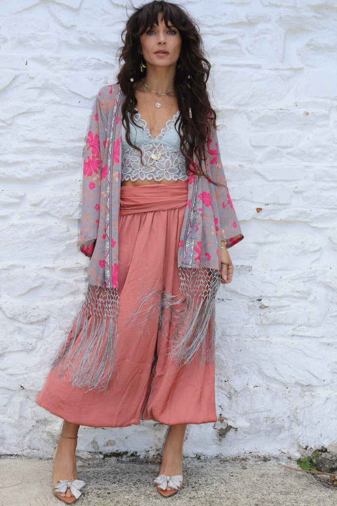 Pink floral silk fringe kimono