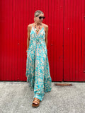 Turquoise and peach silk floral dress