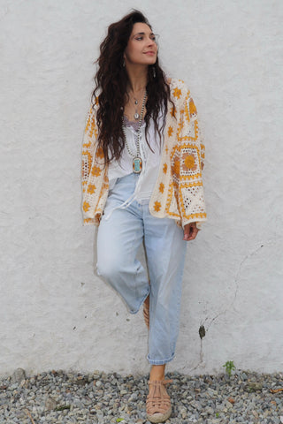 Mustard crochet knit kimono