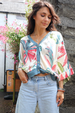 Teal floral silky blouse