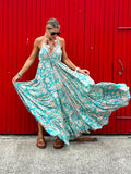 Turquoise and peach silk floral dress