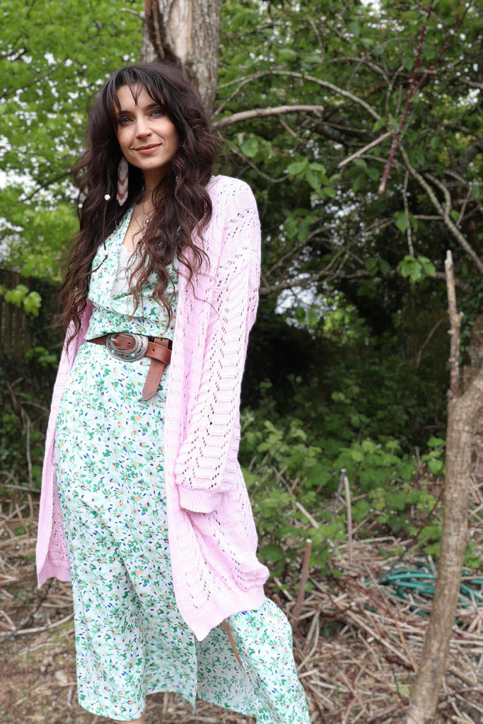 Pink open knit cardigan