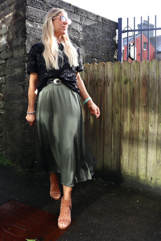 Khaki silky midi skirt