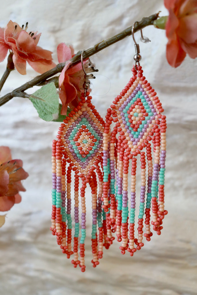 Diamond pastel beaded tassel earrings