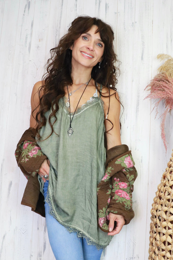 Racerback lace trim cami (washed khaki)