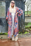 Red and teal long silky floral kimono