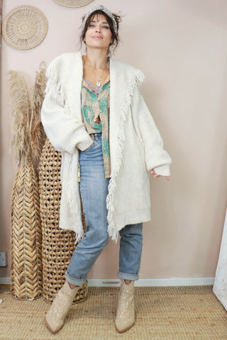 Cream fringe knit cardigan