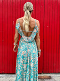 Turquoise and peach silk floral dress