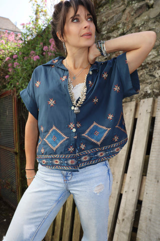 Deep blue embroidered button up blouse